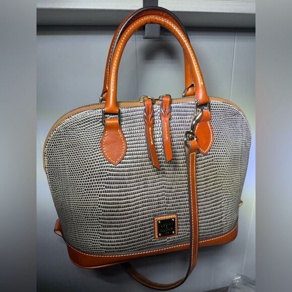 Dooney & Bourke Lizard Embossed Satchel Gray Brown Bag w/ Strap 12”x9” Like New - Picture 4 of 17
